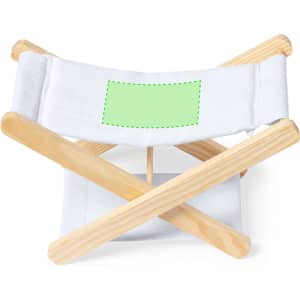 A wooden headrest with a white fabric backing, featuring a blank green area, crossed support structure.