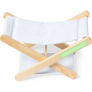 A wooden headrest with a white fabric band and a green accent. Features a folding design for easy storage.