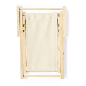 A small wooden phone stand in natural wood colour with a beige fabric backing, featuring a simple, compact design.