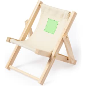A small wooden phone stand resembling a deck chair, featuring a cream-coloured fabric seat with a green patch.