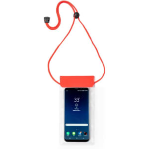 A red waterproof bag with a clear front, holding a smartphone, and featuring a neck strap.