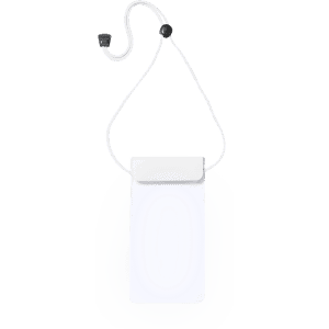 A white multipurpose dry bag with a neck strap, featuring a secure roll-top closure and branding.