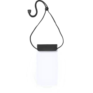 A white dry bag with a black strap and closure, featuring a branding logo on the top.