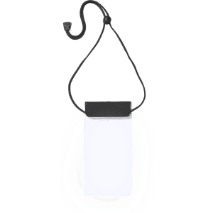 A white dry bag with a black top and a black cord for hanging. Features a logo.