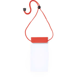 A red multipurpose dry bag with a clear body and a cord for hanging. It features a closure at the top.