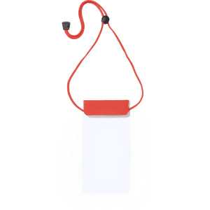 A clear dry bag with an orange top and adjustable cord for securing. Includes a logo.