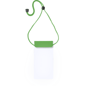 A green and clear multipurpose dry bag with a hanging strap and a secure closure.