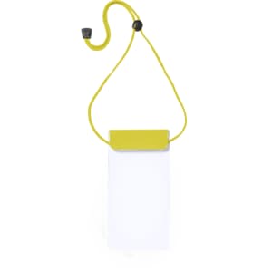 A white dry bag with a yellow closure and adjustable strap, featuring a logo.