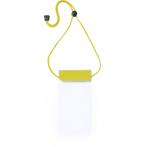 A white multipurpose dry bag with a yellow top and a yellow cord for carrying.
