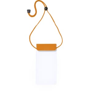 A multipurpose dry bag in orange and white, featuring a neck strap and a secure closure at the top.