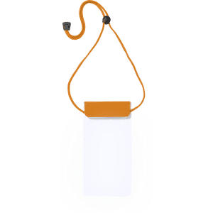 A white dry bag with an orange top, featuring a black closure and an adjustable strap. It includes a logo.