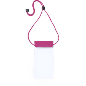 A pink multipurpose dry bag with a clear section and a cord for hanging. It includes a closure mechanism at the top.