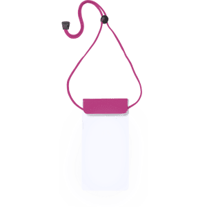 A pink multipurpose bag with a clear pocket and adjustable strap for carrying. Features a logo on the front.