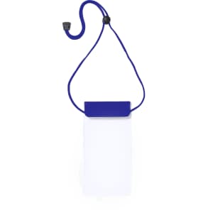 A waterproof dry bag in blue with a clear body and adjustable cord for secure closure. It features a branding logo.