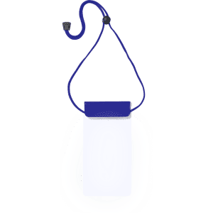A blue and white multipurpose bag with a neck strap and closure mechanism.