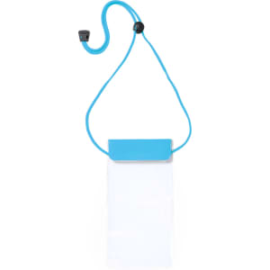 A clear dry bag with a blue strap, featuring a secure closure for keeping contents dry. It has a logo.
