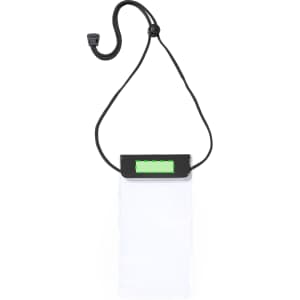 A clear dry bag with a black adjustable strap and a logo on the top. The bag has a green accent.