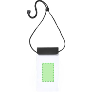 A white multipurpose bag with a black closure and a strap, featuring a green outline on the front.