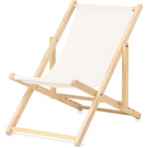 A white deck chair with a light wooden frame, featuring a simple, folding design. It has a minimalist style.
