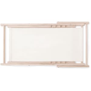 A lightweight, foldable chair with a natural wood frame and off-white fabric seat, featuring a logo.