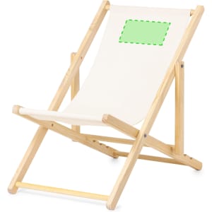 A lightweight, cream-coloured leisure chair with a wooden frame and a branding area on the backrest.