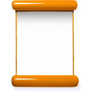 An orange inflatable armchair with two rounded ends and a smooth, flat surface. It features a logo.