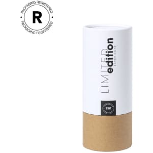 A cylindrical white and brown packaging container with a logo at the top, labelled "Limited Edition."