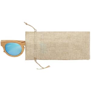 Wooden sunglasses with blue lenses partially visible from a natural linen pouch. The pouch is tied with a string.