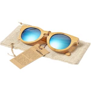 A pair of bamboo sunglasses with blue reflective lenses, displayed on a textured pouch and featuring a tag.