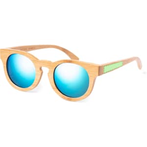 A pair of sunglasses with bamboo frames and reflective blue lenses, featuring a green accent on the side.