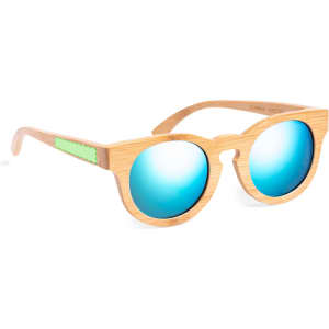 Sunglasses with a bamboo frame and blue mirrored lenses, featuring a green accent on the side.