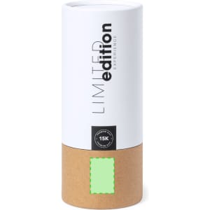 A cylindrical packaging for sunglasses with a white top section and a brown kraft paper base, featuring a logo.
