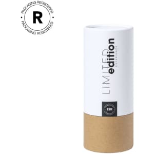 A cylindrical packaging with a white upper part and a brown lower part, featuring a logo and "LIMITED edition" text.