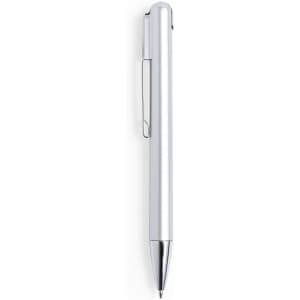 A silver ballpoint pen that functions as a 16 GB USB flash drive. Features a clip and a shiny metal finish.