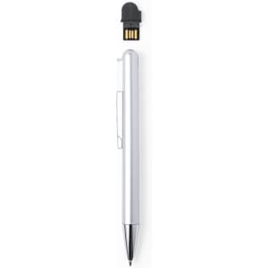 A silver ball pen with a built-in 16 GB USB flash drive attached at the top. It features a clip for attachment.