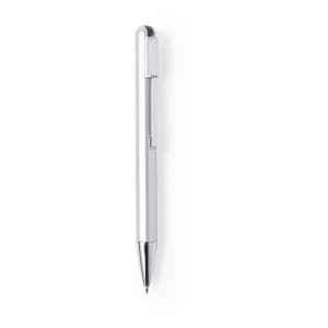A silver ballpoint pen featuring a sleek design with a chrome finish and a branding logo.
