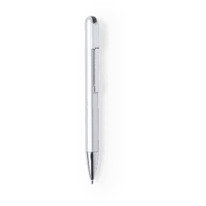 A silver ballpoint pen with a sleek design, featuring a clip and a logo. Ideal for promotional use.