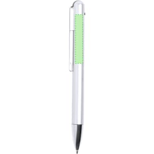 A silver ballpoint pen with a green section and a clip, featuring a logo on the side.