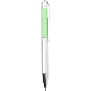 A sleek silver ballpoint pen featuring a green accent and a clip, designed for convenience and style.