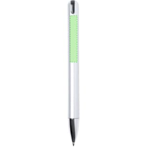 A silver ballpoint pen with a white barrel and a green highlight area. It features a USB flash drive at the top.