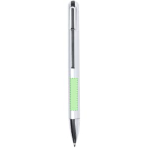 A silver ball pen featuring a green accent and a logo, designed as a 16 GB USB flash drive.