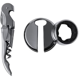 A chrome wine opener and bottle stopper set, featuring a sleek design and a shiny finish.