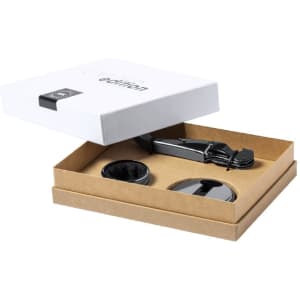 A wine set in a box, featuring a corkscrew, wine stopper, and coaster, all in sleek black.