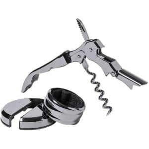 A wine opener set including a chrome corkscrew and a sleek bottle collar, showcasing a shiny metallic finish.