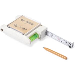 A multifunction tape measure in light grey with a retractable 3m measuring tape and a yellow pencil beside it.