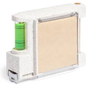 A multifunction tape measure in a white and green design, featuring a built-in level and a blank measurement area.