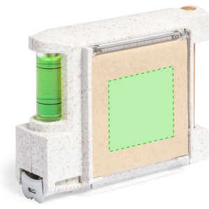 A multifunction tape measure in a white body with a green level bubble, featuring a blank section for customisation.