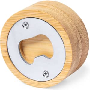 A bamboo bottle opener with a circular metal opening, featuring a smooth finish and a natural wood texture.