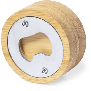 A wooden bottle opener with a metallic opening mechanism, featuring a sleek cylindrical design in natural wood tones.