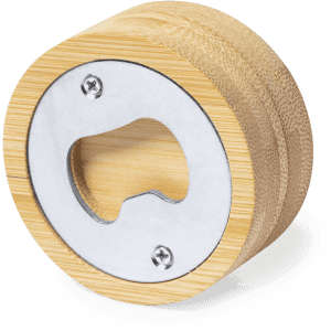 A bamboo bottle opener with a circular design and a metallic opening mechanism. It features a smooth, natural wood finish.
